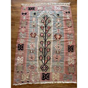 Hand-Woven Turkish Kilim Wool Tapestry/Rug with Geometric Designs